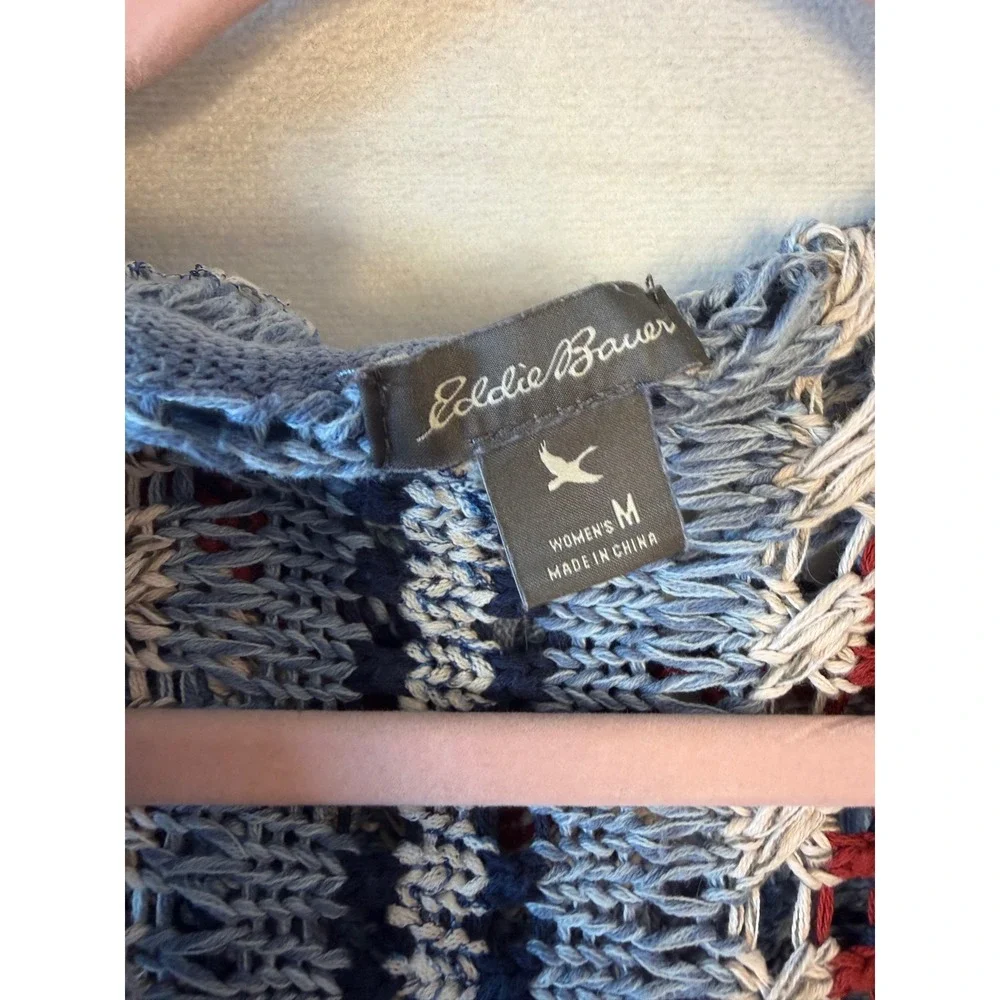 Eddie Bauer Womens Blue Striped Open Knit Hooded Sweater Pullover Medium Boho
